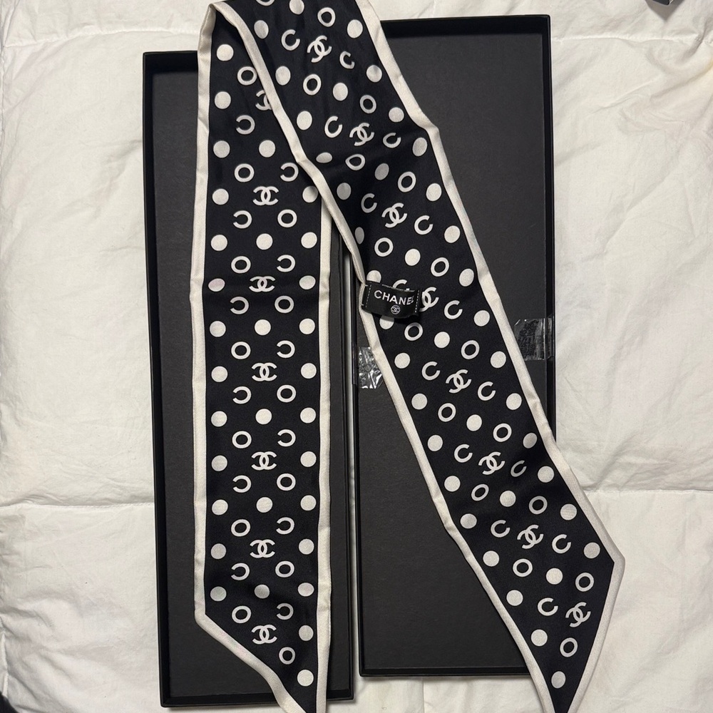 CHANEL Black and White Polka Dot Silk Twilly Scarf